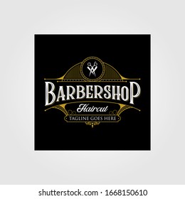 Diseño del logo de la Barbershop vintage. Ilustración de papel pintado en fondo oscuro.