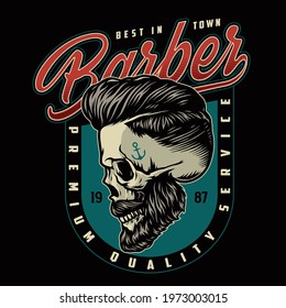 Barbershop vintage logo with letterings barber skull with trendy hairstyle beard mustache and anchor tattoo isolated vector illustration