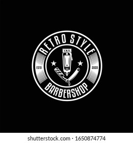 barbershop vintage logo with a shaver, illustration on dark background.