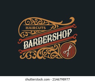 Barbershop vintage Marco de lujo logotipo Badge con florido ornamento victoriano