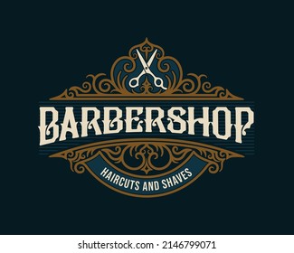 Barbershop vintage Luxury frame Logo Badge with flourish Victorian Ornament