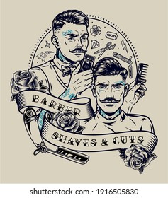 Barbershop vintage monochrome label with straight razor roses stylish tattooed barber cutting hair and mustache of trendy client isolated vector illustration