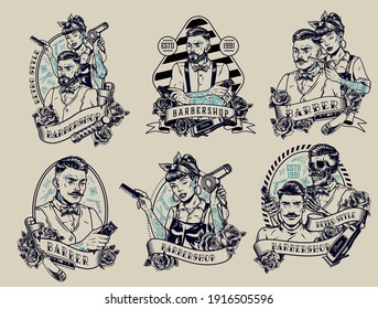Barbershop vintage monochrome labels with inscriptions roses stylish male female and skeleton barbers clients straight razor comb hair clipper and dryer isolated vector illustration
