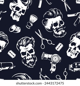 Barbershop vintage pattern seamless monochrome dead men heads with barber tools for business card design for male stylist vector illustration