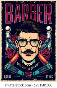 Barbershop Vintage Poster With Barber Poles Straight Razors Hair Clippers Roses Mustached Tattooed Man Head In Glasses Vector Illustration