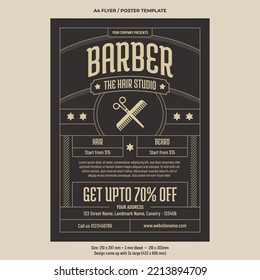 Barbershop vintage poster or haircut salon price list and special offer flyer design template