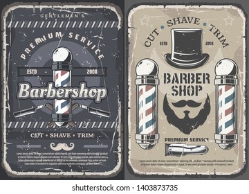 Afiches vintage de Barbershop, peluquero premium para hombres, bigote y salón de afeitado de barbas. Señal de cañería de vectores, cuchillas de afeitar y caballeros con bigotes y barbas, barba o barquillo