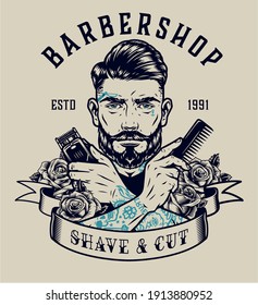 Barbershop vintage print with bearded and mustached tattooed barber holding electrical hair clipper and comb in crossed hands isolated vector illustration