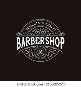barbershop vintage retro badge logo with ornamental frame