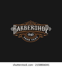 logotipo de insignia retro vintage de barbershop con marco ornamental