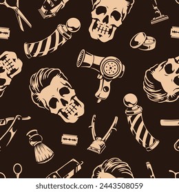 Barbershop vintage seamless pattern monochrome with tools for stylist from hairdressing salon for work apron design vector illustration