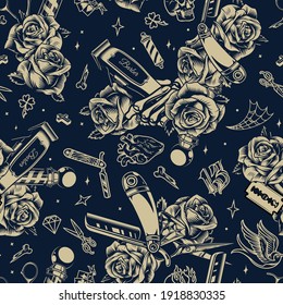 Barbershop vintage seamless pattern with rose flowers diamonds and different barber tools in monochrome style vector illustration