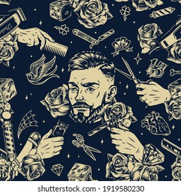 Barbershop vintage seamless pattern with roses diamonds bearded and mustached man head barber metal pole male hands holding straight razor scissors hair clipper and comb vector illustration