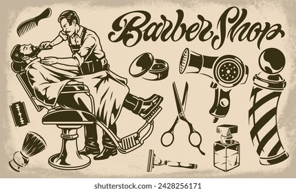 Barbershop vintage set emblems monochrome with man using services of barber specialist and accessories for hairdressing business vector illustration