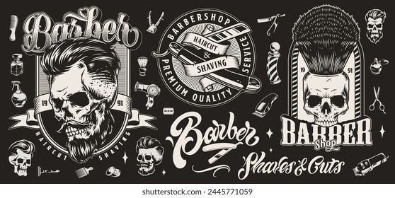 Barbershop vintage set emblems monochrome shaving brush in shape skull and retro blade near accessories from hairdressing salon vector illustration