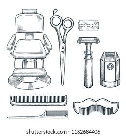 Barbershop vintage tools and equipment vector sketch illustration. Hand drawn icons and design elements for mens barber shop or salon.