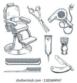 Barbershop vintage tools and equipment vector sketch illustration. Hand drawn icons and design elements for mens barber shop or salon.