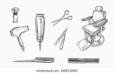 Barbershop vintage tools and equipment vector sketch illustration. Hand drawn icons and design elements for mens barber shop or salon.