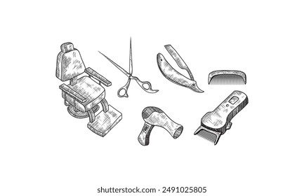 Barbershop vintage tools and equipment vector sketch illustration. Hand drawn icons and design elements for mens barber shop or salon.