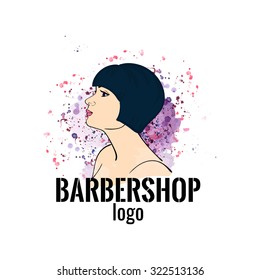Barbershop watercolor logo. The girl with a bob haircut on watercolor background. Stock vector.