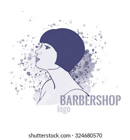 Barbershop watercolor logo. The girl with a bob haircut on watercolor background. Stock vector.