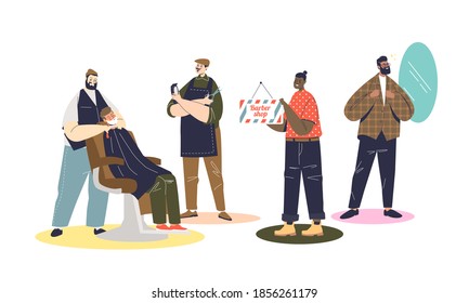 Barbershop workers, cartoon hairdressers working with clients and holding professional tools. Set of cartoon barbers from male haircut salon. Flat vector illustration