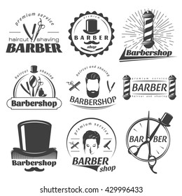 Barbershops graphic emblems with poles hat scissors mirror mustache beard comb razor female face isolated vector illustration