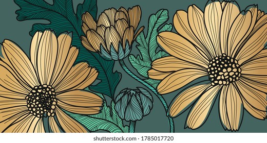 Barberton daisy, Gerbera, Luxury gold floral  pattern for printing, flora postcards, pcBeautiful blooming poppy flowers and leaf with golden contour lines background vector.