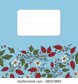 Barbery berries and flowers on blue background, greeting card. floral theme. 