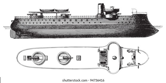 Barbette battleship Amiral-Duperre (France) / vintage illustration from Meyers Konversations-Lexikon 1897