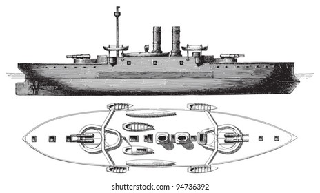 Barbette battleship Collingwood (England) / vintage illustration from Meyers Konversations-Lexikon 1897