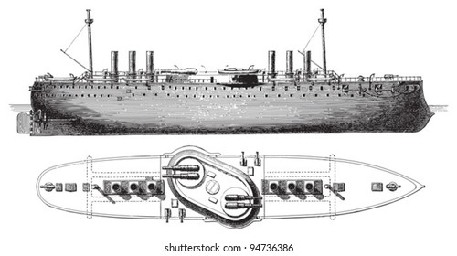 Barbette battleship (Italy) / vintage illustration from Meyers Konversations-Lexikon 1897