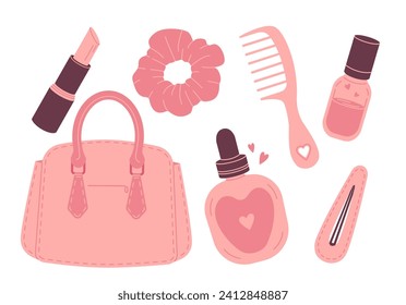 barbicore set. women's accessories set. handbag items set. handbag, comb, elastic band, hairpin, lipstick, cosmetics.