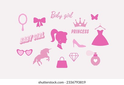 Niña, princesa. Colección de íconos rosados - zapatos, vestido, perfumes, bolso, unicornio, espejo. Vector