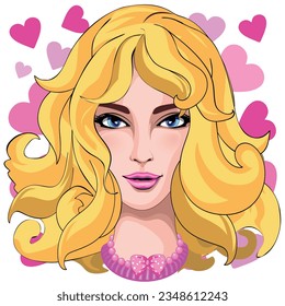 Barbie Blondie Pink Beauty Portrait with Hearts all around Vector Illustration isolated on white.