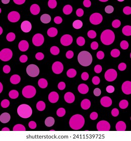 Los círculos de color Barbie con un fondo negro. Círculos rosas sobre un fondo negro. Patrón de vectores sin fisuras en el estilo de arte pop adecuado para textiles, ropa, embalaje y estuches.