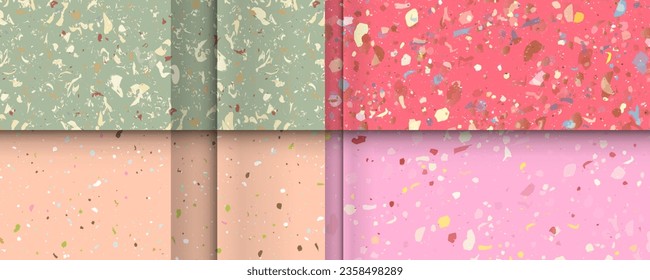 Fondo rosa Barbie Set de patrones de terrazo sin fisuras. Patrón de piedra natural de mármol de cerámica. Ilustración de material vectorial formas texturadas en colores vibrantes