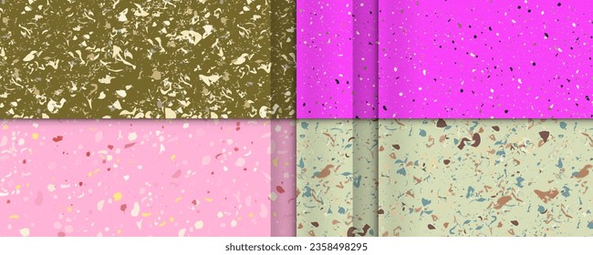 Barbie pink background Set seamless terrazzo patterns. Pattern for ceramics marble natural stone. Vector stock illustration textured shapes in vibrant colors
