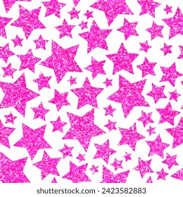 Barbie pink stars on white background. Random stars. Vector seamless pattern. Pink glitter