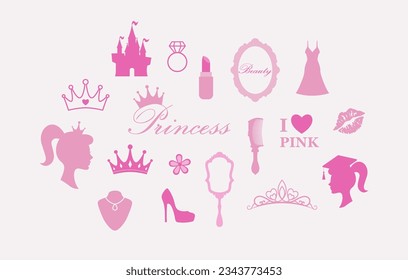 Barbie Princess. Cute pink barbie princess icons. Makeup, beauty, dress, castle, crown. Vector