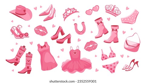 Barbiecor Princess set. Pink fashion set, accessories and clothes for a pink doll. Crown, dress, shoes, cowboy hat, boots, bag, glasses. Vector