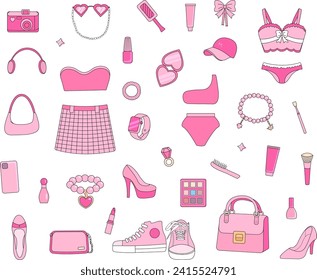 Barbiecore accessories. Set of trendy doll, hot pink fashion elements and clothing. Barbie world.