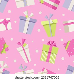 Barbiecore gift box seamless pattern. Girl time. Glam and retro style for product design in pink, purple and lime colours. Bright colourful vector illustrations.