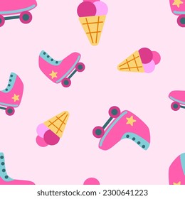 Barbiecore hot pink toy roller skates and icecream vector seamless pattern. Doll themed colorful wallpaper background