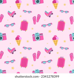 Barbiecore hot pink toy roller skates, suitcases, cameras, eyeglasses and icecream vector seamless pattern. Doll themed colorful wallpaper background