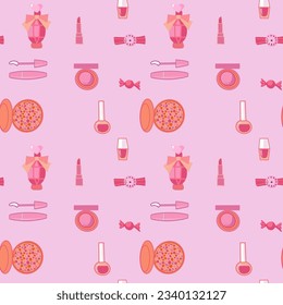 Barbiecore parfume cosmetics seamless fashion vector pattern. Concept for fabric , print, web design, packing design