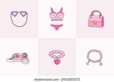 Barbiecore pink accessories. Set of trendy hot pink elements and clothing. Doll fashion world.