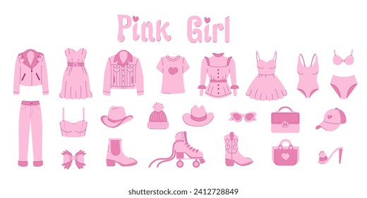 Barbiecore pink set. Cute pink trendy collection, pink doll aesthetic clothing and accessories.
