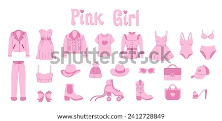 Barbiecore pink set. Cute pink trendy collection, pink doll aesthetic clothing and accessories.