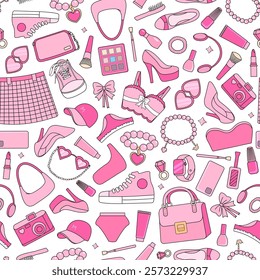 Barbiecore seamless pattern featuring pink trendy accessories, makeup items, shoes, bags, and jewelry, creating a vibrant and playful feminine aesthetic